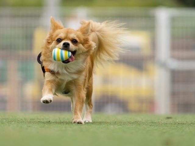おもちゃをくわえて走るチワワ